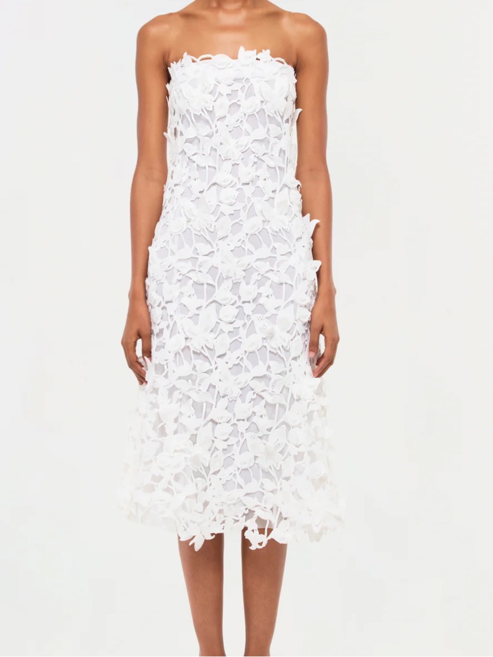 Strapless White Floral Appliqué Midi Dress